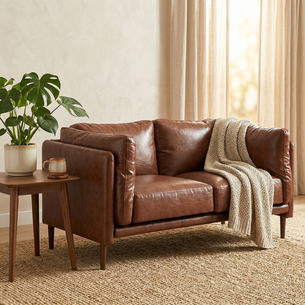 2-seater sofa, faux leather upholstery, wide seat, high-density foam, thick cushions, wooden legs, brown
