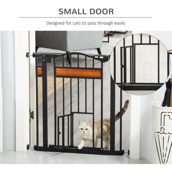 Extra-wide dog gate with integrated cat flap, black