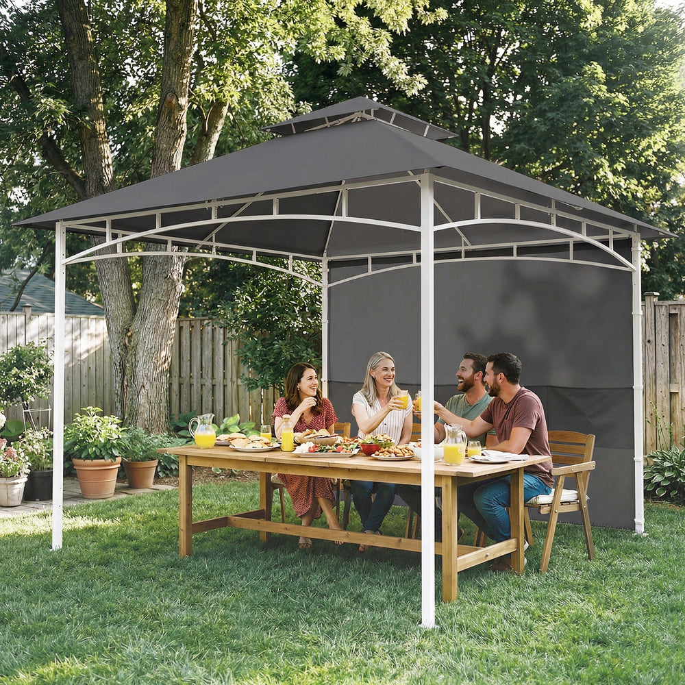 10' x 10' Patio Gazebo, Double Roof Outdoor Gazebo Canopy Shelter with Storage, Hook, Metal Frame, Dark Grey