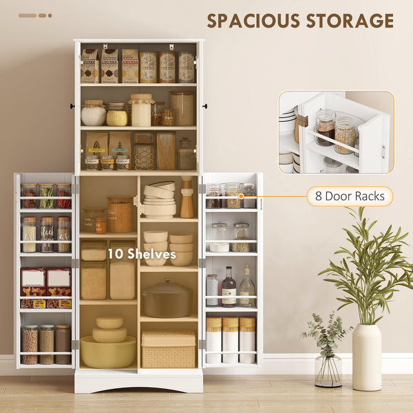 Armoire de cuisine avec portes en acrylique à fermeture amortie, 10 étagères et 8 supports de porte, blanche.