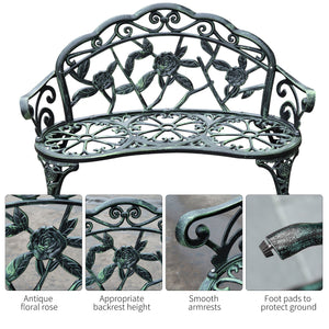 Antique Rose Style Cast Aluminum Outdoor Garden Bench Green