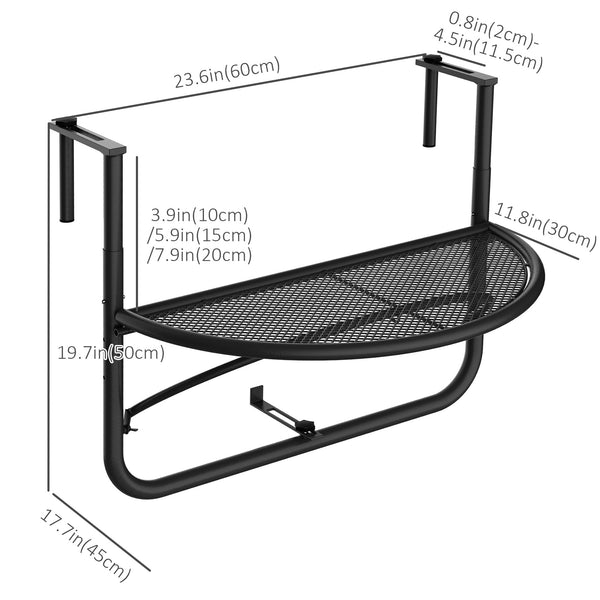 Adjustable balcony table with metal hanging rail, black