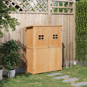 Wooden garden shed with windows and double doors, natural wood