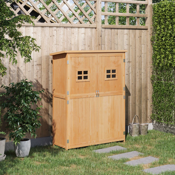 Wooden garden shed with windows and double doors, natural wood