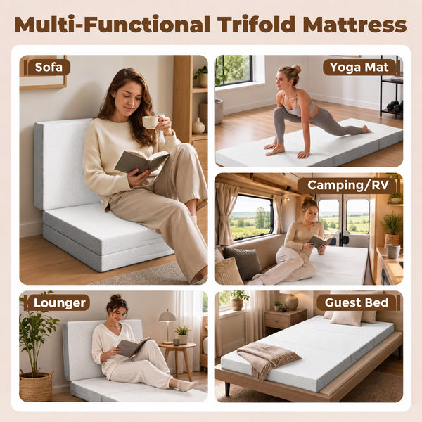 6-inch 3-Section Folding Twin Mattress with Cooling Gel Memory Foam – White and Gray