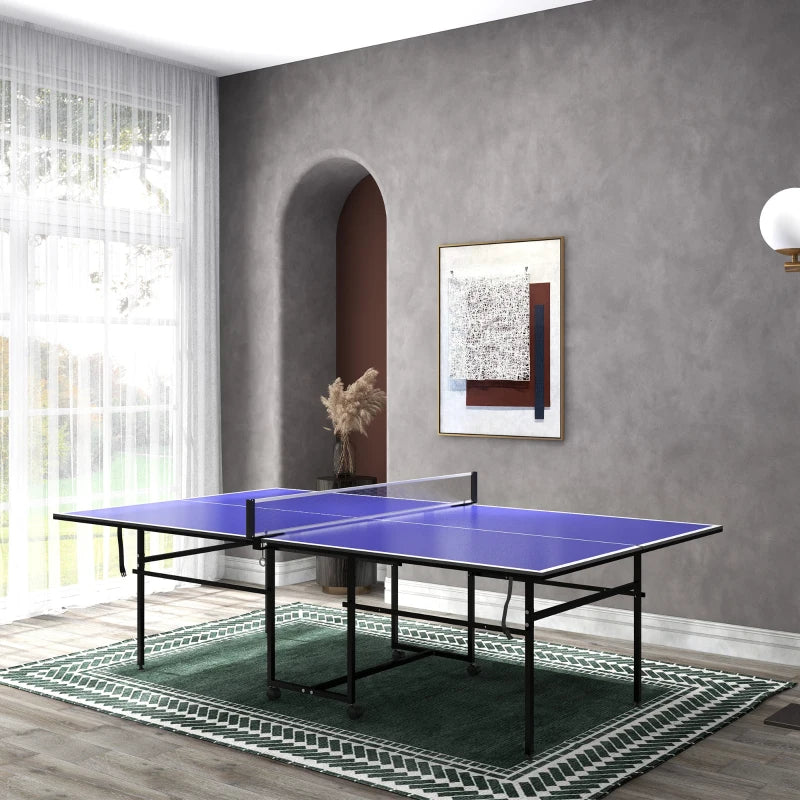 Full-size ping pong table with net, paddles, balls and wheels, blue