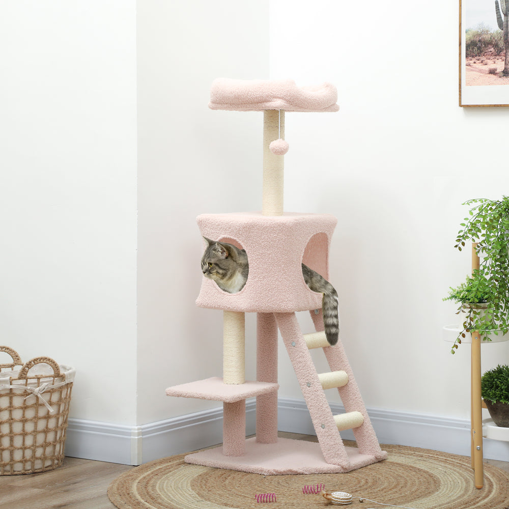 119cm high cat tree with niche, ladder, scratching posts and hanging ball, pink