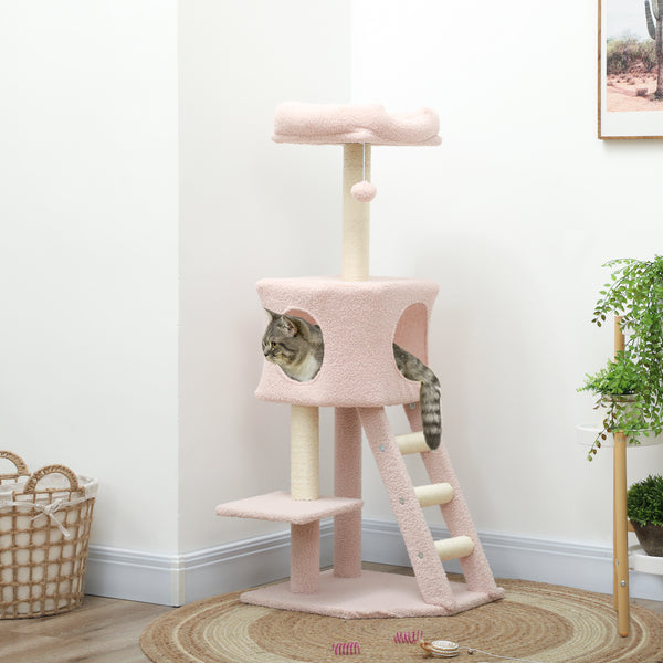 119cm high cat tree with niche, ladder, scratching posts and hanging ball, pink