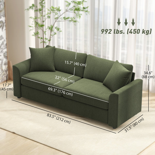 Canapé 3 places, 83,5 po, moderne, rembourré avec ressorts ensachés et 2 coussins d'appoint pour salon, vert