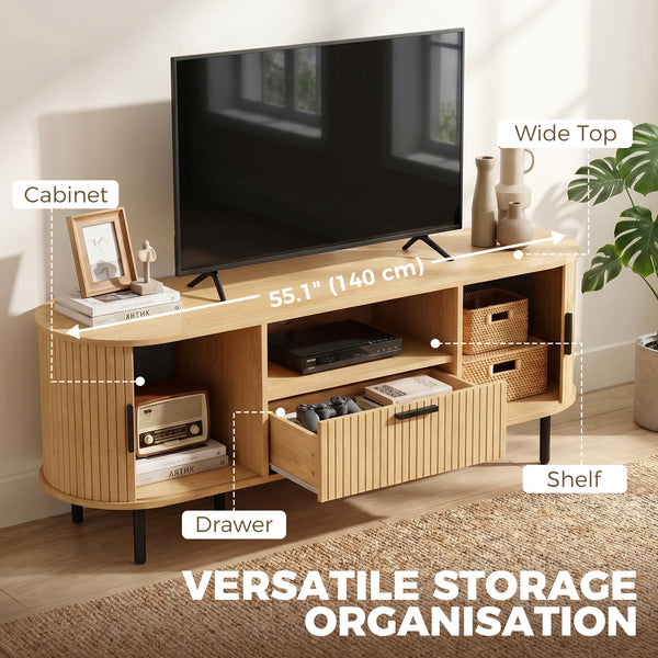 Meuble pour téléviseurs jusqu'à 60 pouces avec portes coulissantes incurvées et rangements, bois naturel