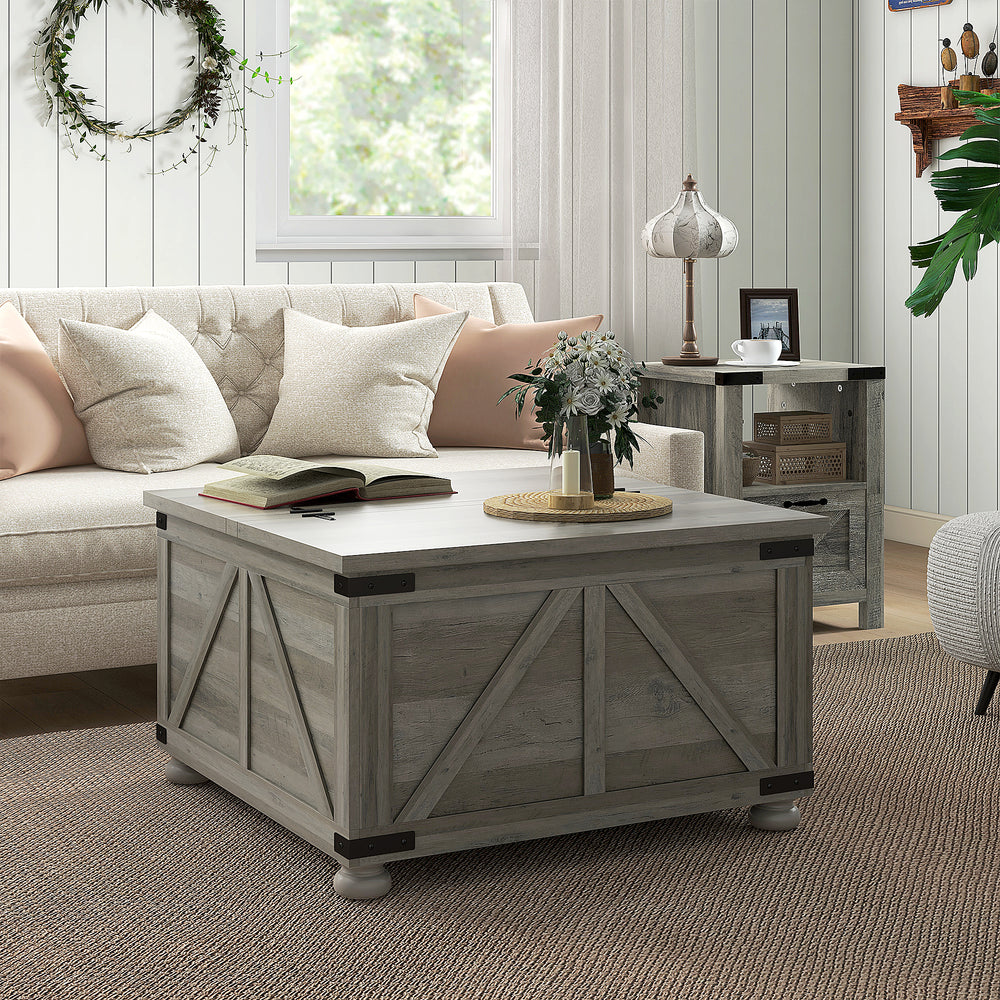Farmhouse style coffee table with hinged lids, distressed gray