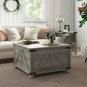 Farmhouse style coffee table with hinged lids, distressed gray