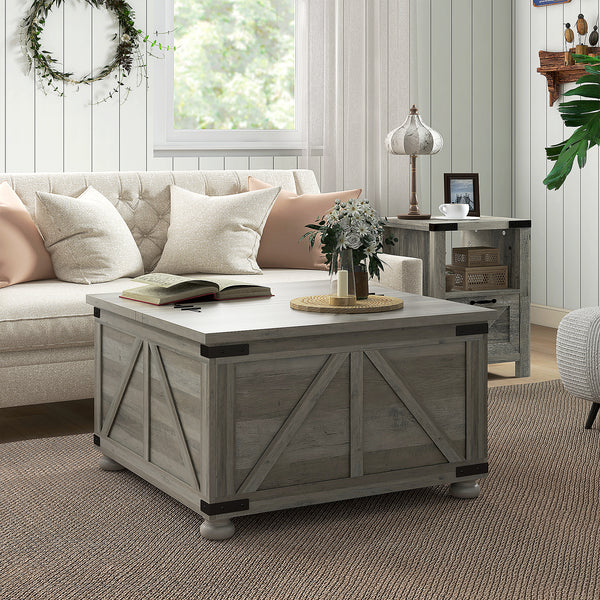 Farmhouse style coffee table with hinged lids, distressed gray