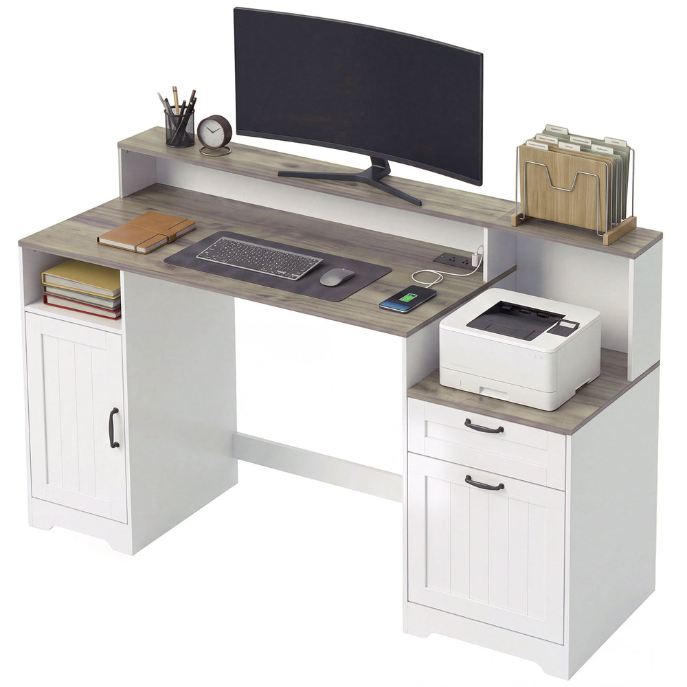 65" desk with storage and outlets, white and brown