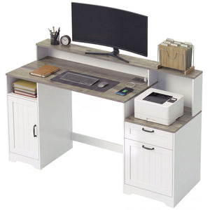65" desk with storage and outlets, white and brown
