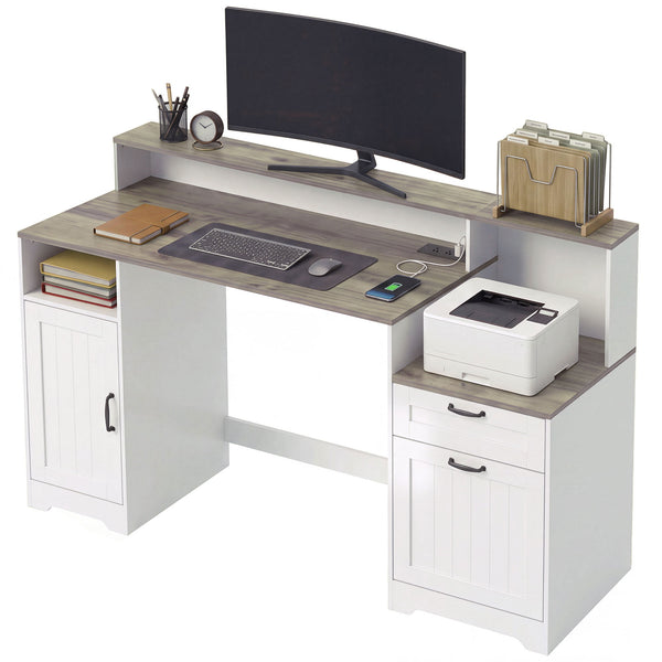 65" desk with storage and outlets, white and brown