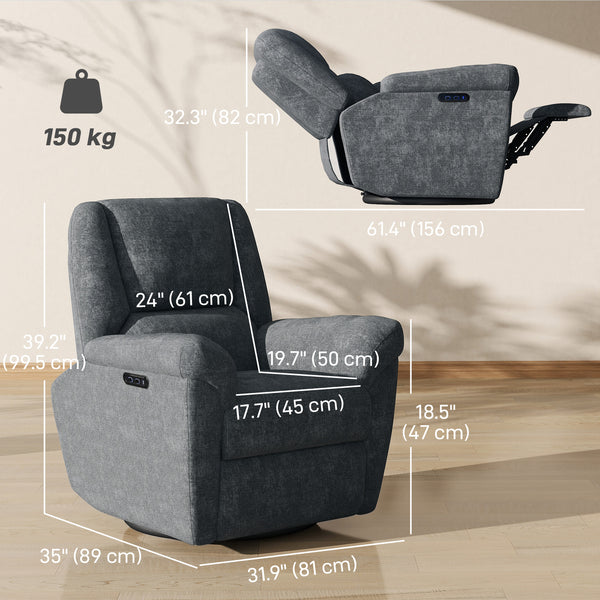 Electric reclining chair, fabric upholstery, USB ports, swivel and rocking function, footrest, dark grey