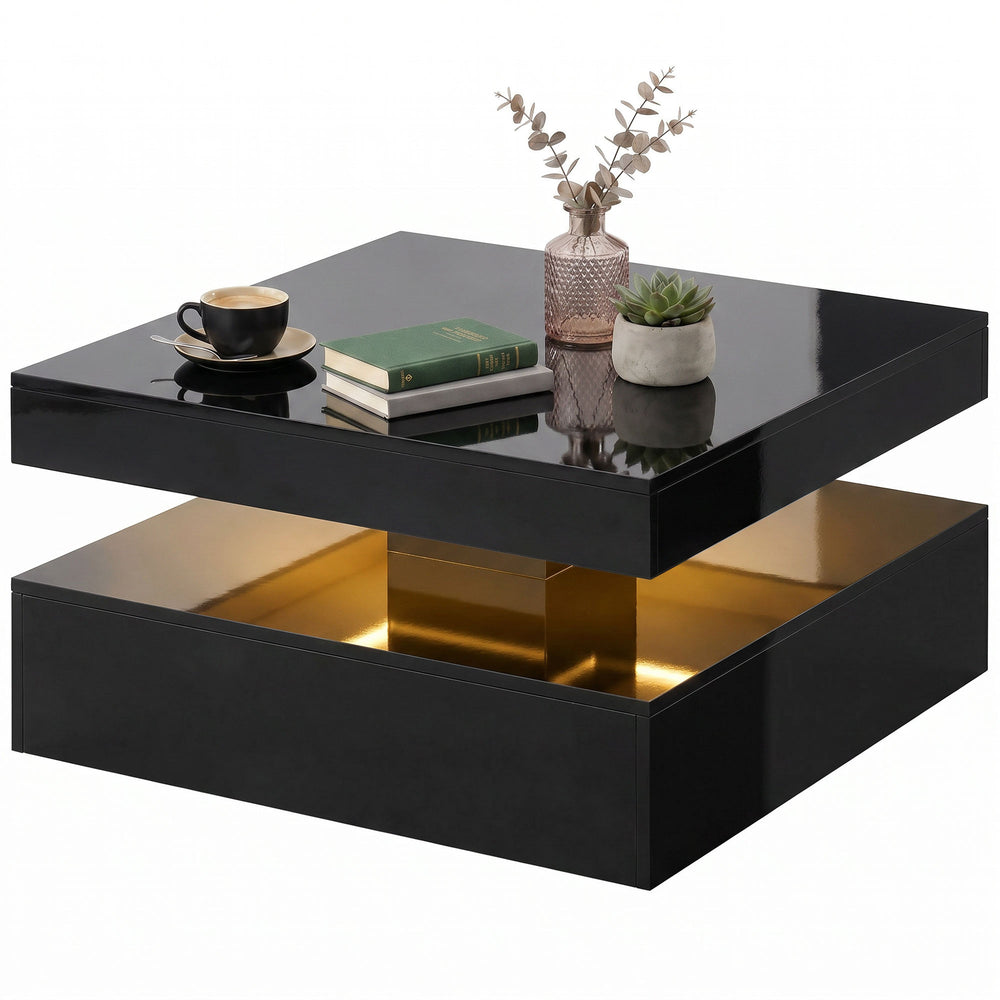 LED Coffee Table with 2-Tier Storage with Open Shelf and Remote Control for Living Room, High Gloss Black