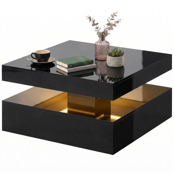LED Coffee Table with 2-Tier Storage with Open Shelf and Remote Control for Living Room, High Gloss Black