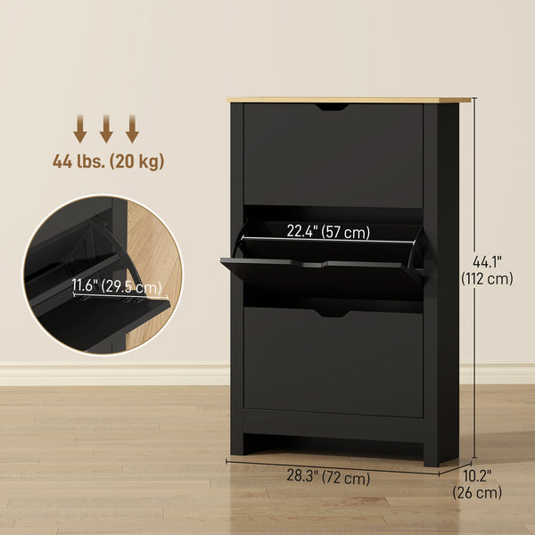 Shoe cabinet with 3 hinged drawers and adjustable shelves for 12 to 18 pairs of shoes, black