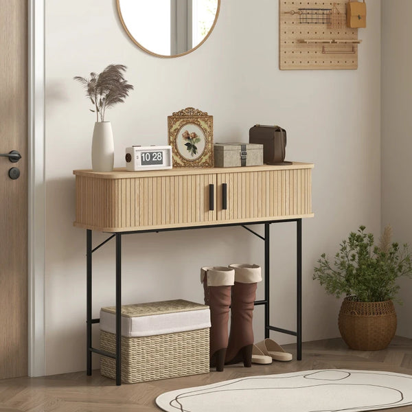 Narrow console with slatted sliding doors and legs in steel, oak and black