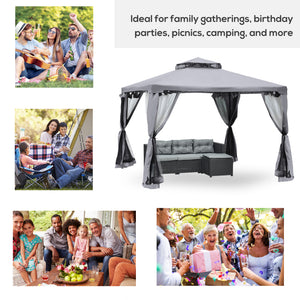 10' x 10' Patio Gazebo Outdoor Pavilion 2 Tire Roof Canopy Shelter Garden Event Party Tent Yard Sun Shade Steel Frame w/ Mosquito Netting Grey
