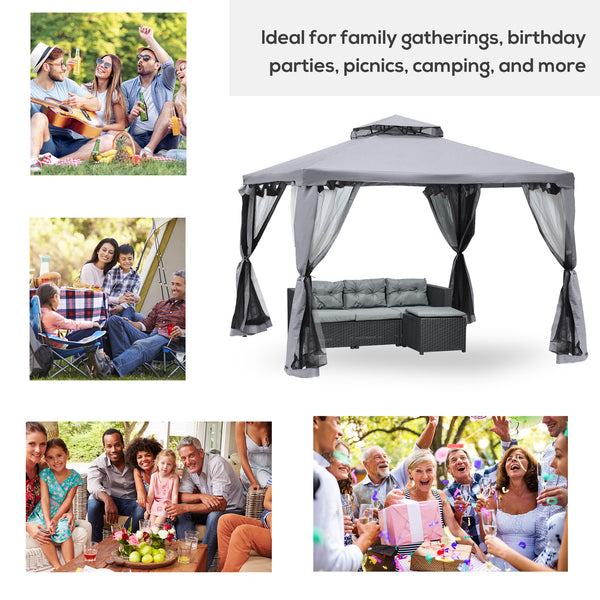 10' x 10' Patio Gazebo Outdoor Pavilion 2 Tire Roof Canopy Shelter Garden Event Party Tent Yard Sun Shade Steel Frame w/ Mosquito Netting Grey