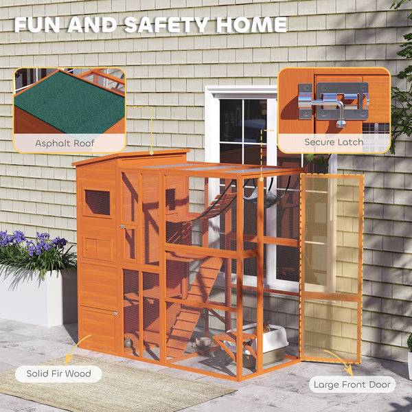 Cat enclosure with condo, jumping platforms, ladder, ramps and hammock, orange