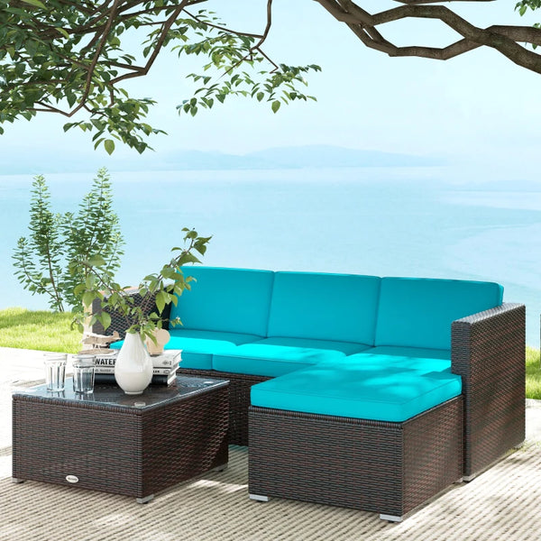 Garden furniture with soft cushions, corner sofas, turquoise
