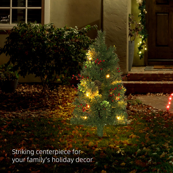 Set of 2 Pre-Lit Artificial Christmas Trees with Red Berries and Pine Cones