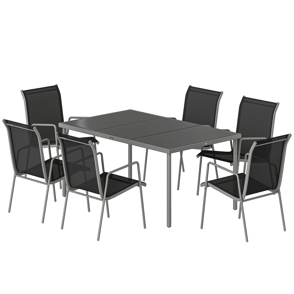 7-piece garden dining set, including a rectangular table and 6 stackable chairs.