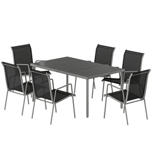 7-piece garden dining set, including a rectangular table and 6 stackable chairs.
