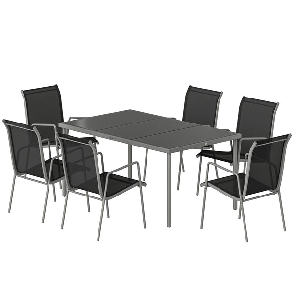 7-piece garden dining set, including a rectangular table and 6 stackable chairs.