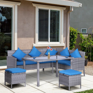 5-piece garden furniture set in woven resin with cushions, table and poufs, bright blue