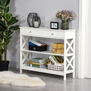 Narrow entryway console table with storage shelves, white