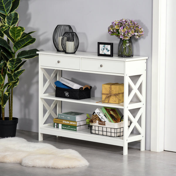 Narrow entryway console table with storage shelves, white