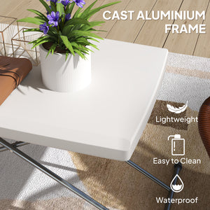 Adjustable outdoor folding table with 3 height settings, white