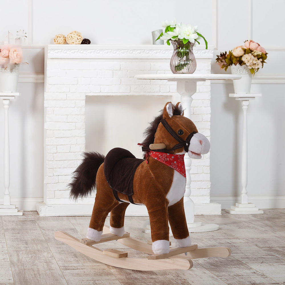 Plush Rocking Horse with Sound Scarf Included, Red and Brown