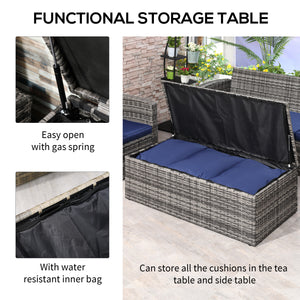 6 Piece Wicker Furniture Set with Cushions, 7 Seater Rattan Garden Sofa with Storage Table, Navy Blue