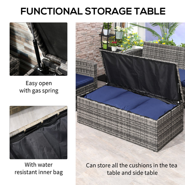 6 Piece Wicker Furniture Set with Cushions, 7 Seater Rattan Garden Sofa with Storage Table, Navy Blue