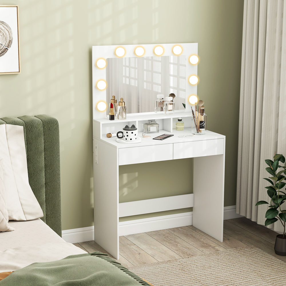 Dressing table with LED lighting, charging station and drawers, white 