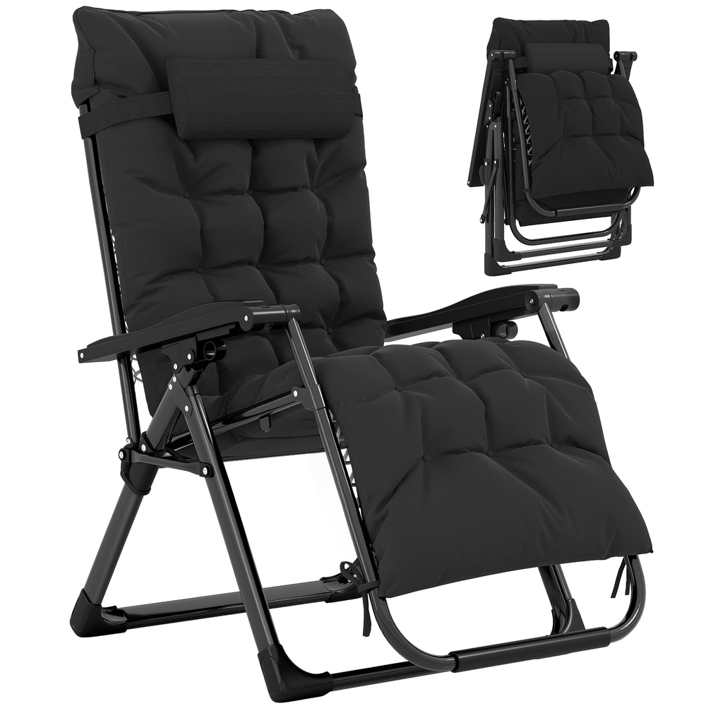 Folding Garden Chair, Reclining Zero Gravity Chair, Sun Lounger with Cushion and Headrest, Black
