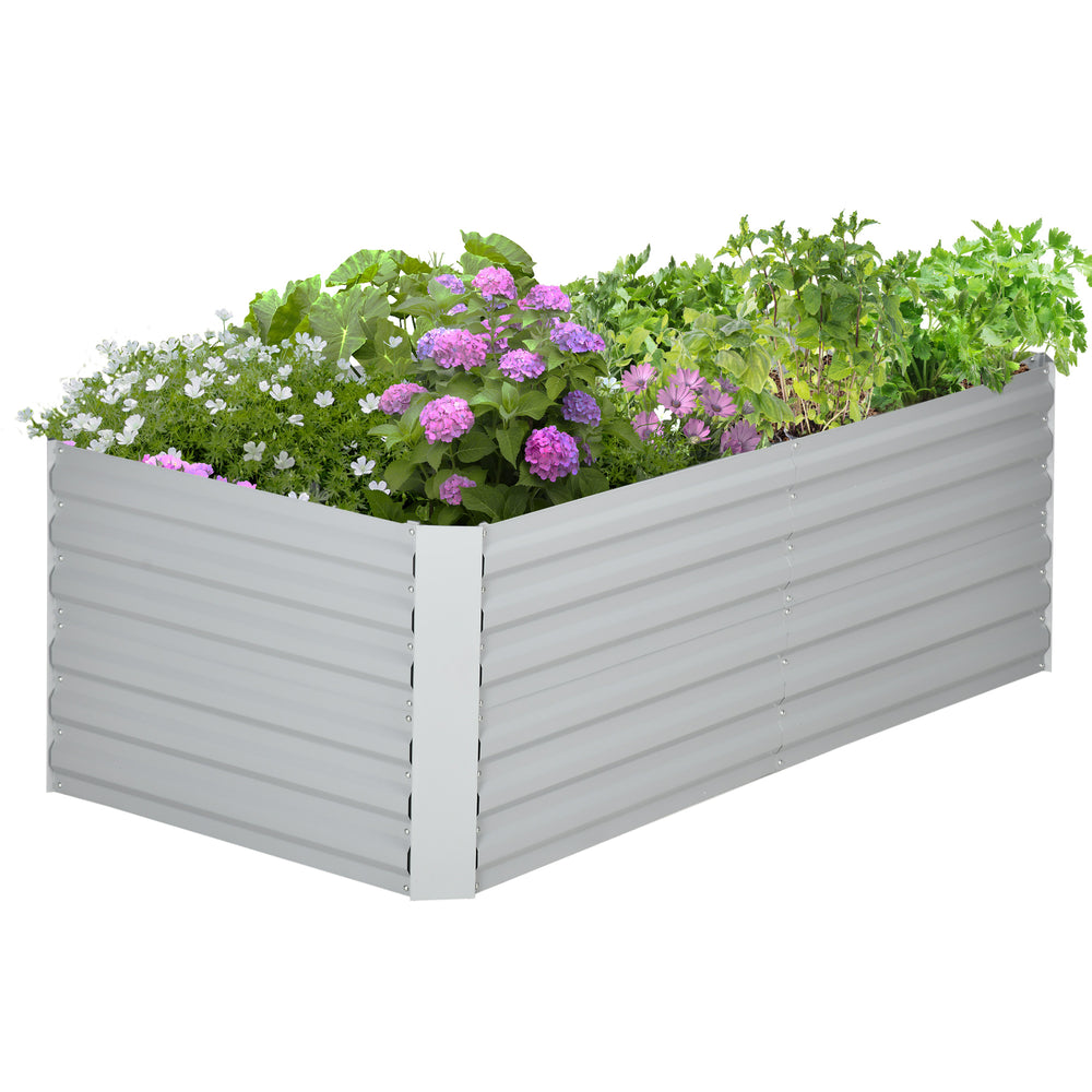 Galvanized steel raised garden bed with support rods, light grey