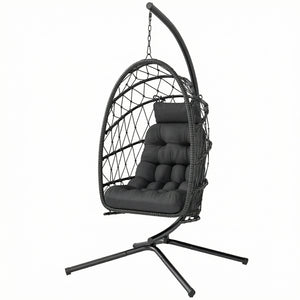 Hanging chair with stand, in woven rattan with thick cushion and safety rope, black