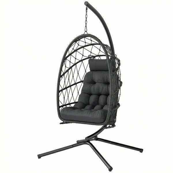 Hanging chair with stand, in woven rattan with thick cushion and safety rope, black