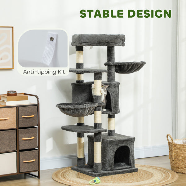 52.5" Cat Tree with Scratching Posts, Condos, Bed, Platforms and Hammocks, Dark Gray