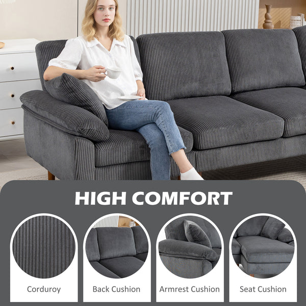 Corner sofa with modular chaise longue, cushions and wooden legs for living room, dark grey