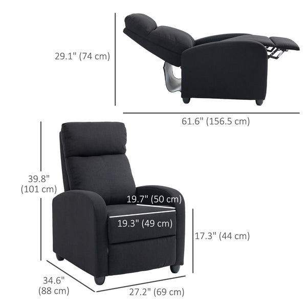 Fabric recliner chair with upholstered seat, black