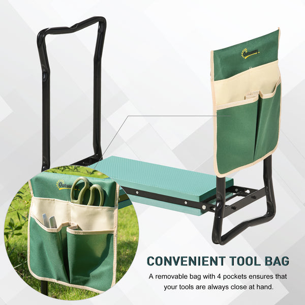 Folding garden bench and kneeler with foam seat, green
