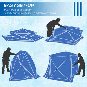 Insulated ice fishing shelter for 4 people, portable and foldable with carry bag and two doors, for temperatures down to -30°C, blue